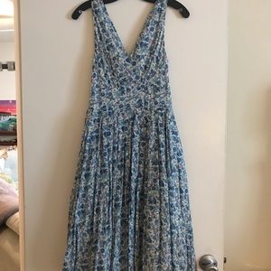 Blue and Lavender Floral Mid Length Pleated Dress
